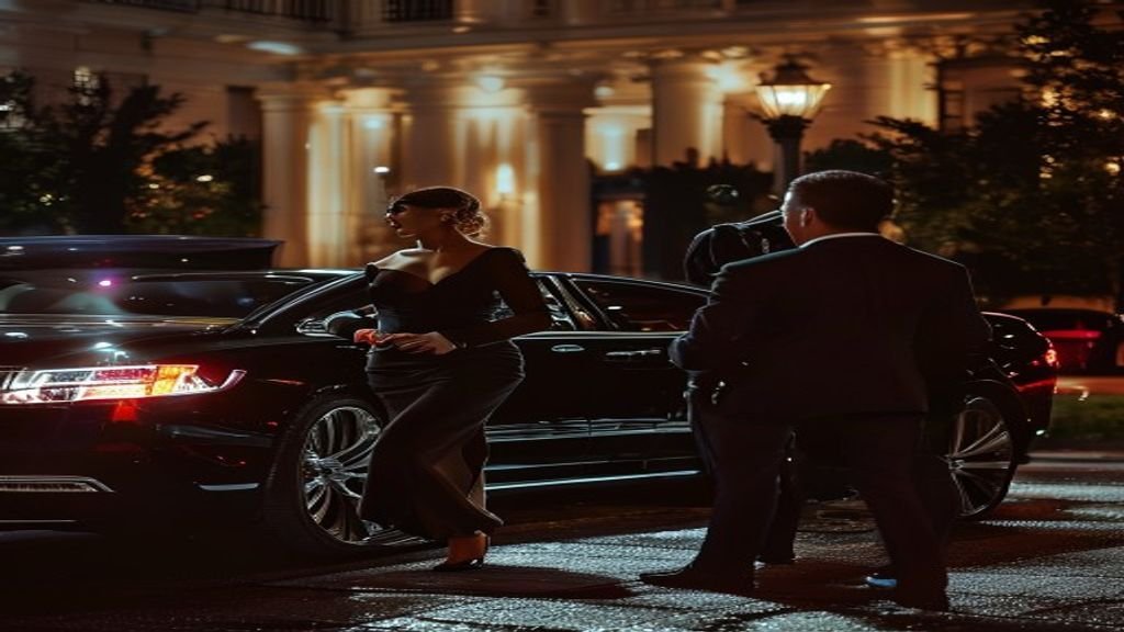 Chauffeur beside a black luxury sedan on an Atlanta street at dusk